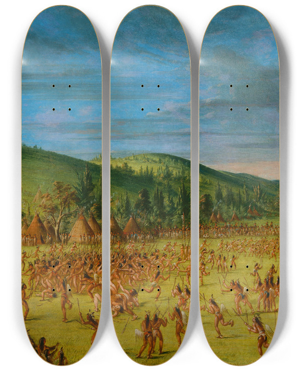 Triptych art skateboard deck of George Catlin Ballplay Of The Choctawball Up_2 by George Catlin (1796-1872)
