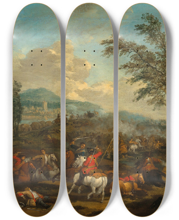 Triptych art skateboard deck of Jan Van Huchtenburg A Cavalry Skirmish_1 by Jan Van Huchtenburg (1647-1733)