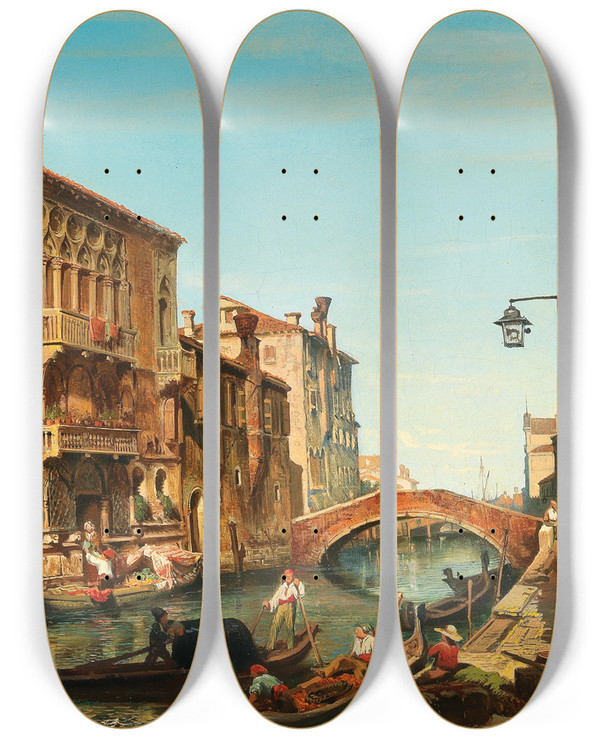 Triptych art skateboard deck of Carlo Brioschi Venice A View Of The Palazzo Del Cammello At The Cannaregio by Carlo Brioschi (1826-1895)