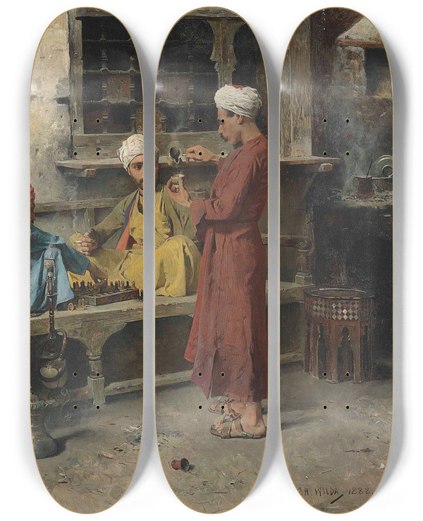 Triptych art skateboard deck of Charles Wilda The Game by Charles Wilda (1854-1907)