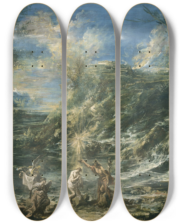 Triptych art skateboard deck of Alessandro Magnasco The Baptism Of Christ by Alessandro Magnasco (1667-1749)