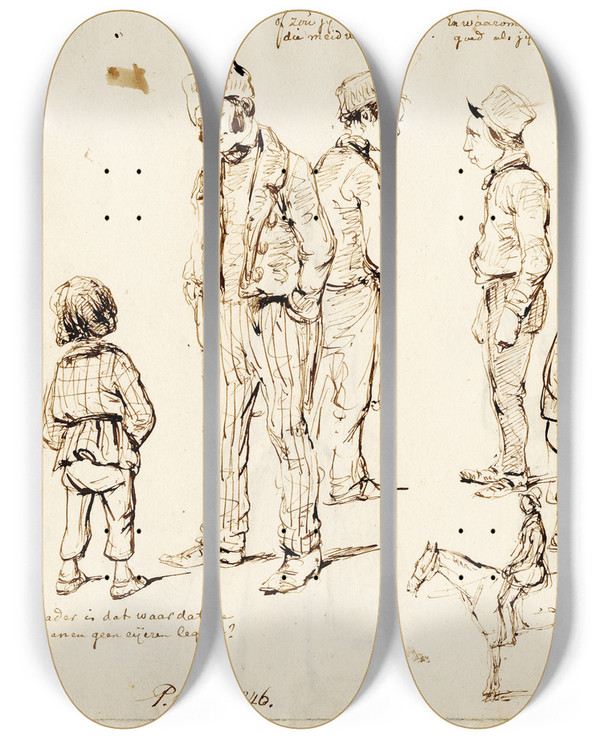 Triptych art skateboard deck of Pieter Van Loon Karik Vragend En Snoepend Kind Twee Vrijers by Pieter Van Loon (1801-1873)