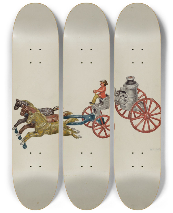 Triptych art skateboard deck of William Spiecker Toy Fire Engine by William Spiecker