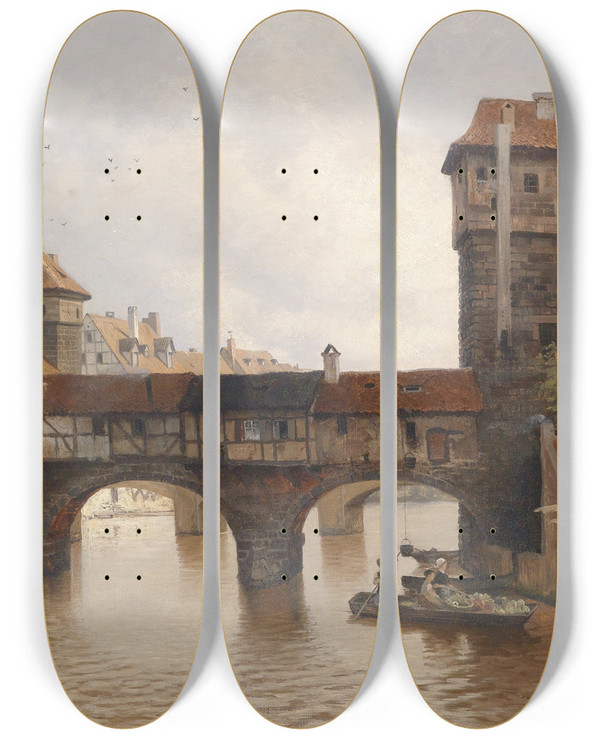 Triptych art skateboard deck of Heinrich Deiters Henkersteg In Nrnberg by Heinrich Deiters (1840-1916)