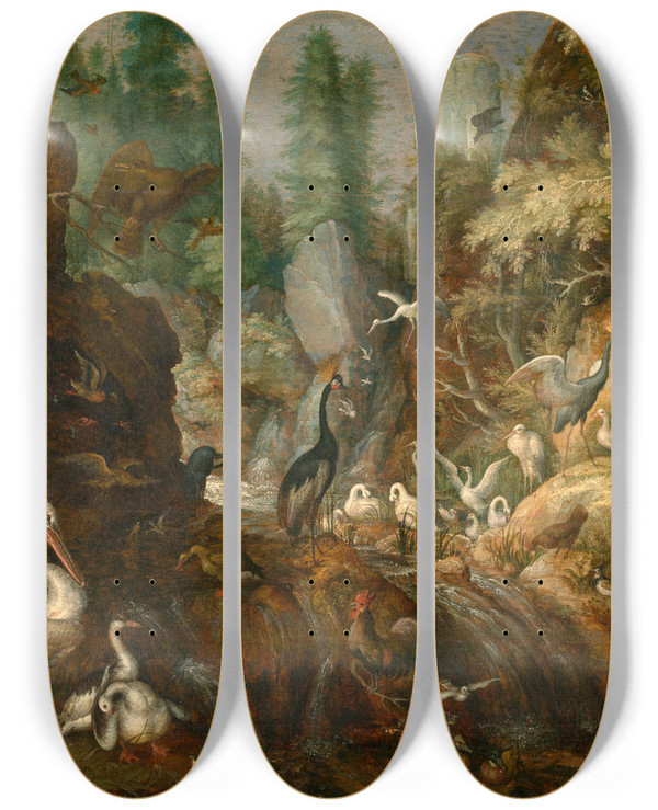 Triptych art skateboard deck of Roelant Savery Birds Paradise by Roelant Savery (1576-1639)