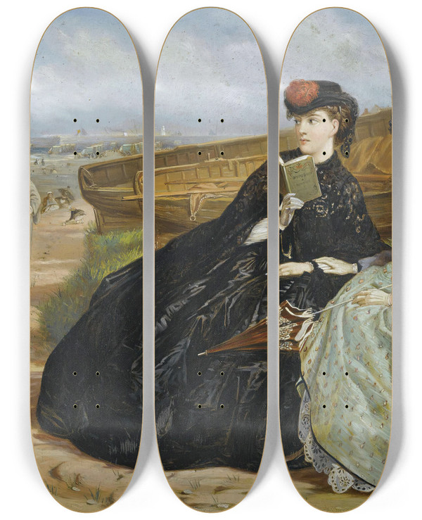 Triptych art skateboard deck of Charles Wynne Nicholls A Seaside Romance by Charles Wynne Nicholls (1831-1903)