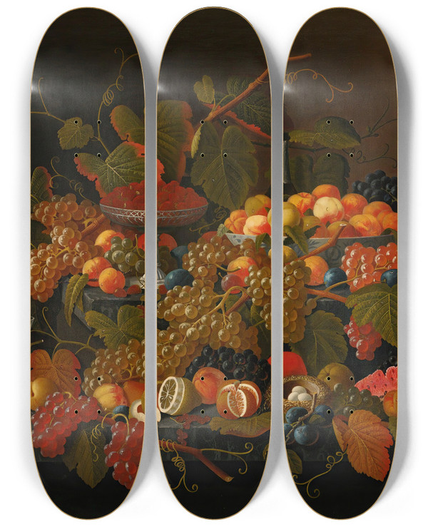 Triptych art skateboard deck of Severin Roesen Still Life With Fruit And Champagne_2 by Severin Roesen (1816-1872)