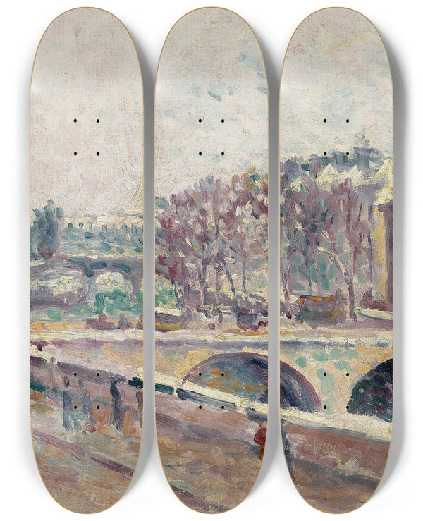Triptych art skateboard deck of Maximilien Luce Le Quai Saintmichel by Maximilien Luce (1858-1941)