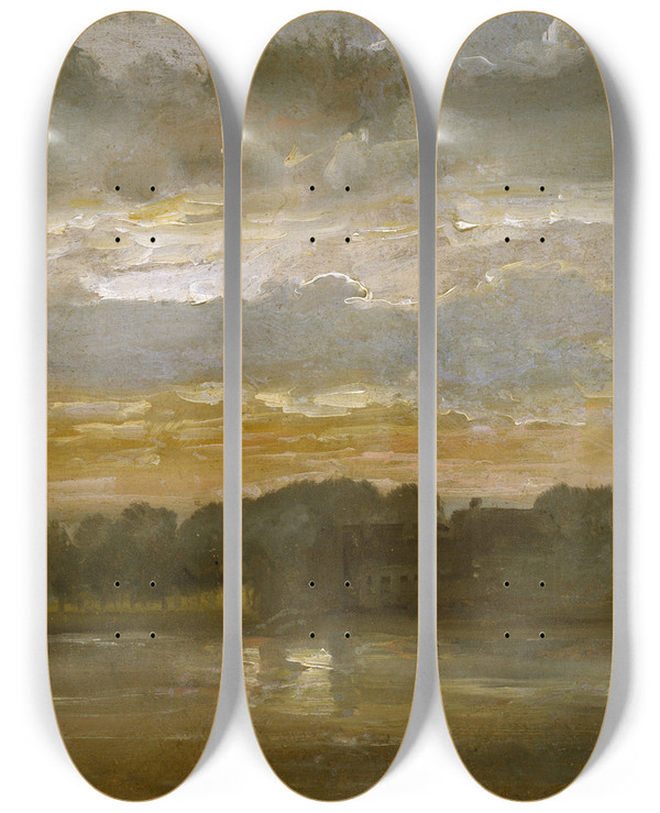 Triptych art skateboard deck of Johan Christian Dahl The Elb In The Evening by Johan Christian Dahl (1788-1857)