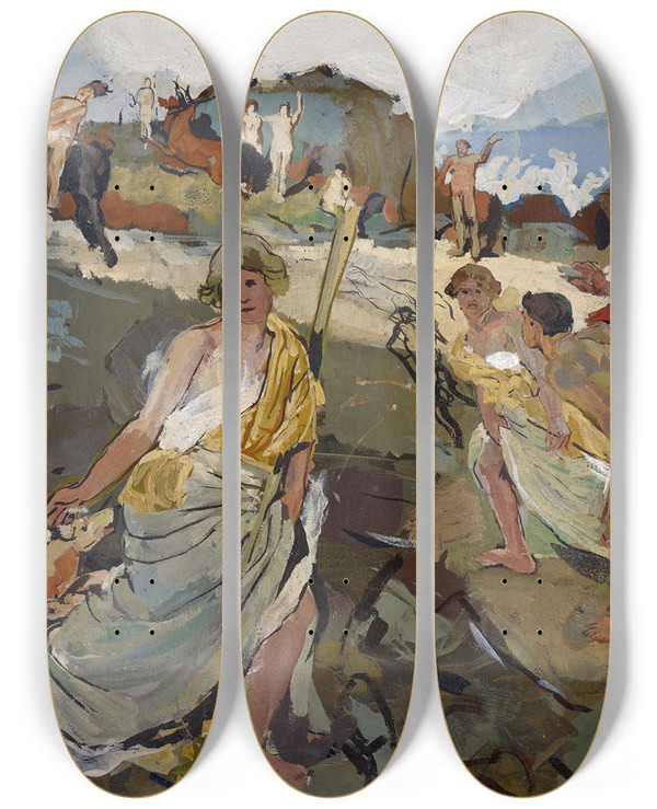Triptych art skateboard deck of Carl Burckhardt Amazons And Hunters At The Seaside by Carl Burckhardt (1878-1923)