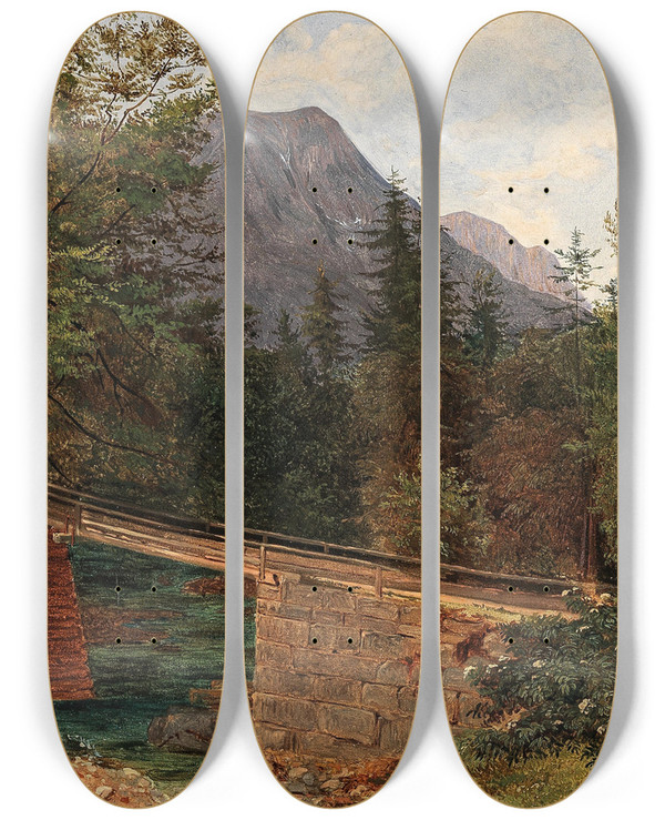 Triptych art skateboard deck of Josef Feid The Bridge By The Rettenbach Mill In Bad Ischl by Josef Feid (1806-1870)