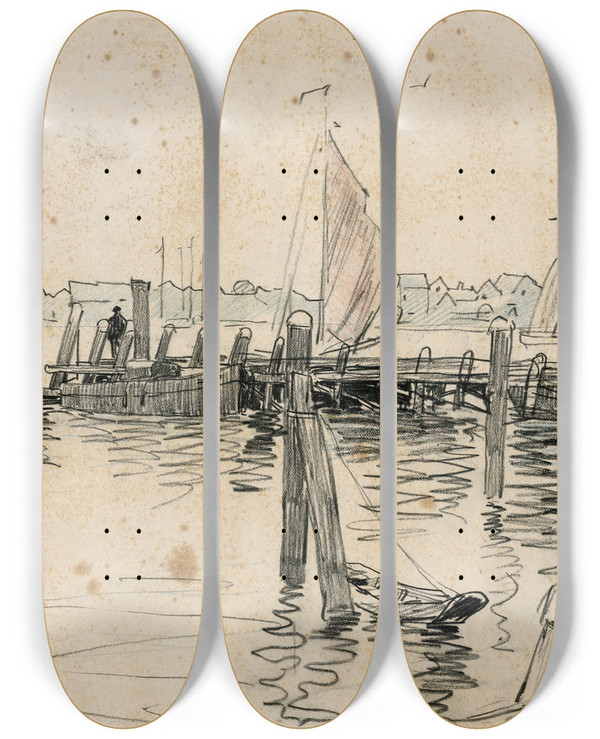Triptych art skateboard deck of Adolf Le Comte Dorp Aan Rivier Met Aanlegsteiger by Adolf Le Comte (1850-1921)