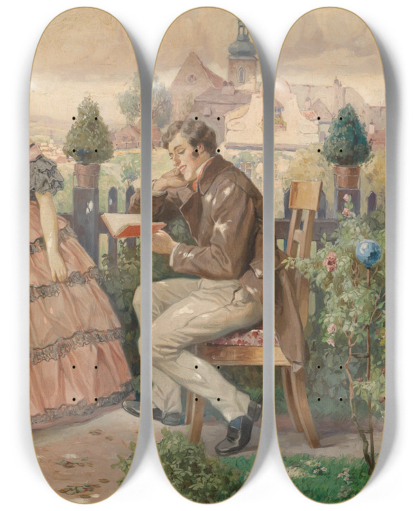 Triptych art skateboard deck of Rudolf Alfred Hger Der Vorleser by Rudolf Alfred Hoger (1877-1930)