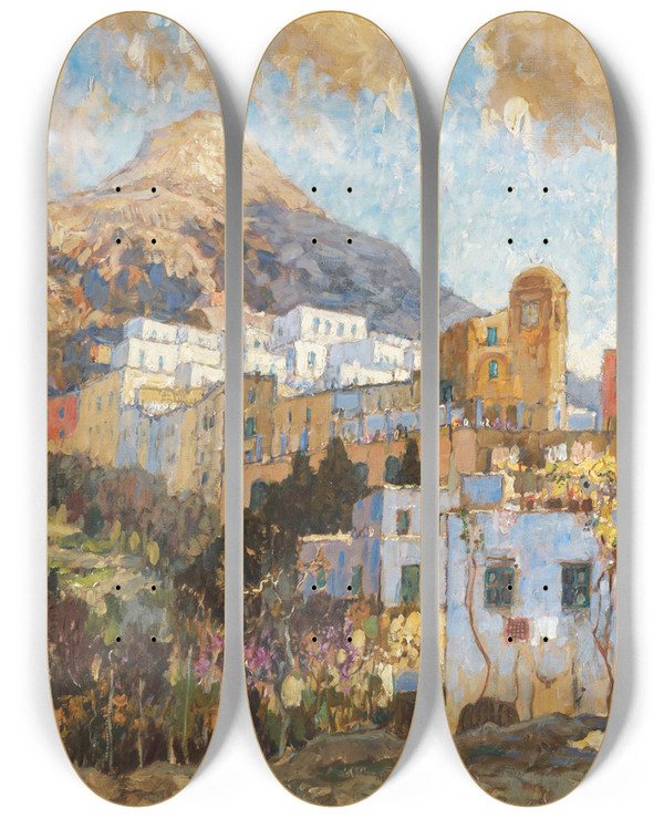 Triptych art skateboard deck of Konstantin Ivanovich Gorbatov View Of Capri by Konstantin Ivanovich Gorbatov (1876-1945)