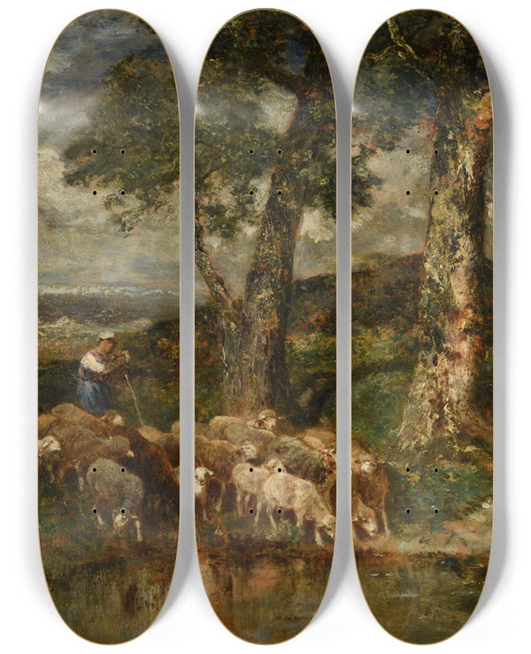 Triptych art skateboard deck of Charles Emile Jacque Moutons Labreuvoir by Charles Emile Jacque (1813-1894)