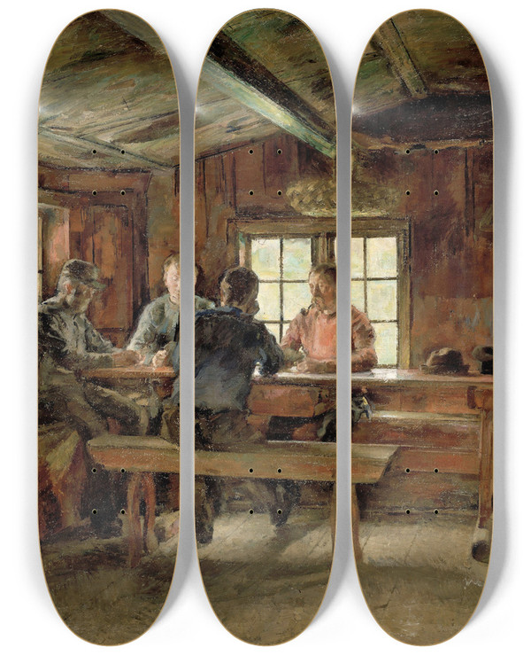Triptych art skateboard deck of Harriet Backer Card Players by Harriet Backer (1845-1932)