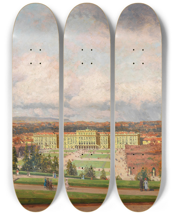 Triptych art skateboard deck of Heinrich Tomec A View Of Schnbrunn Palace by Heinrich Tomec (1863-1928)