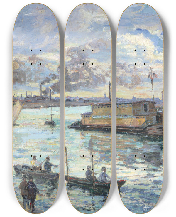 Triptych art skateboard deck of Armand Guillaumin River Scene by Armand Guillaumin (1841-1927)