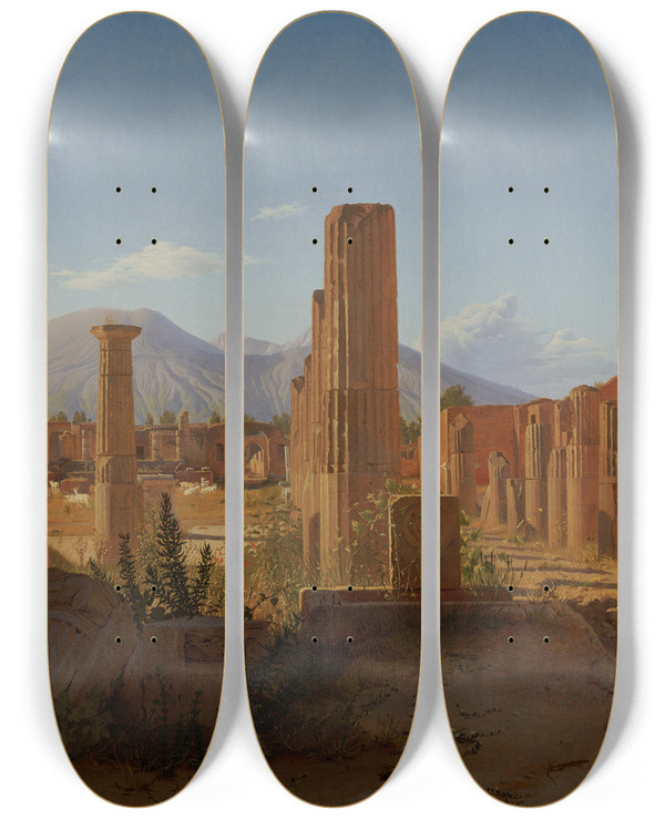 Triptych art skateboard deck of Christen Kbke The Forum Pompeii With Vesuvius In The Distance by Christen Kobke (1810-1848)