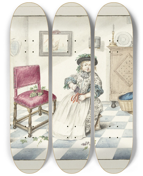 Triptych art skateboard deck of Gesina Ter Borch Gerrit En Cornelis Schellinger Als Kind by Gesina Ter Borch (1633-1690)