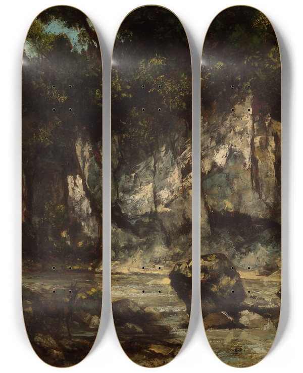 Triptych art skateboard deck of Gustave Courbet Landscape With Stag by Gustave Courbet (1819-1877)