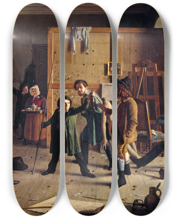 Triptych art skateboard deck of Johann Peter Hasenclever Studio Scene by Johann Peter Hasenclever (1810-1853)