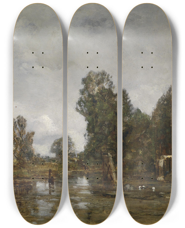 Triptych art skateboard deck of Emil Jakob Schindler Motiv Aus Dem Wiener Prater Krieau by Emil Jakob Schindler (1842-1892)