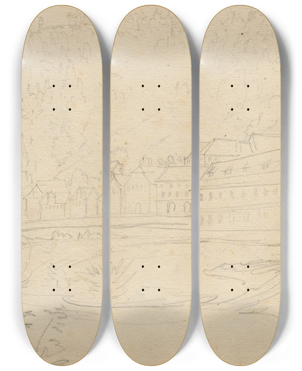 Triptych art skateboard deck of Franz Johann Heinrich Nadorp Album With Views Of Rome And Surroundings Landscape Studies Page 48B Roman Landscape by Franz Johann Heinrich Nadorp (1794-1876)