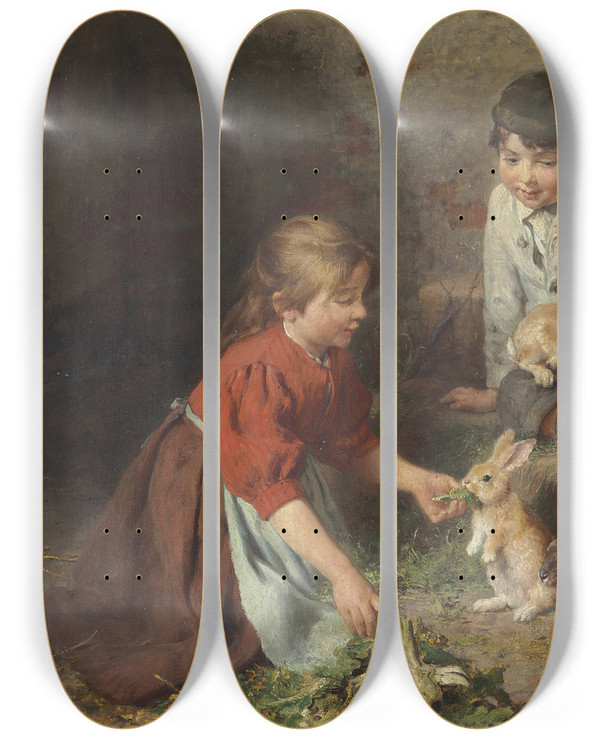 Triptych art skateboard deck of Felix Schlesinger Ftterung Der Kaninchen by Felix Schlesinger (1833-1910)