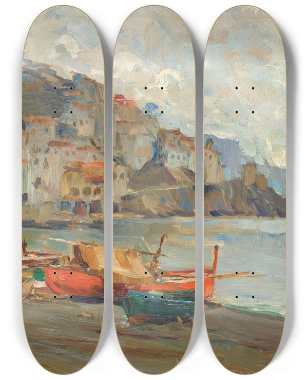 Triptych art skateboard deck of Constantin Westchiloff Landscape_1 by Constantin Westchiloff (1877-1945)