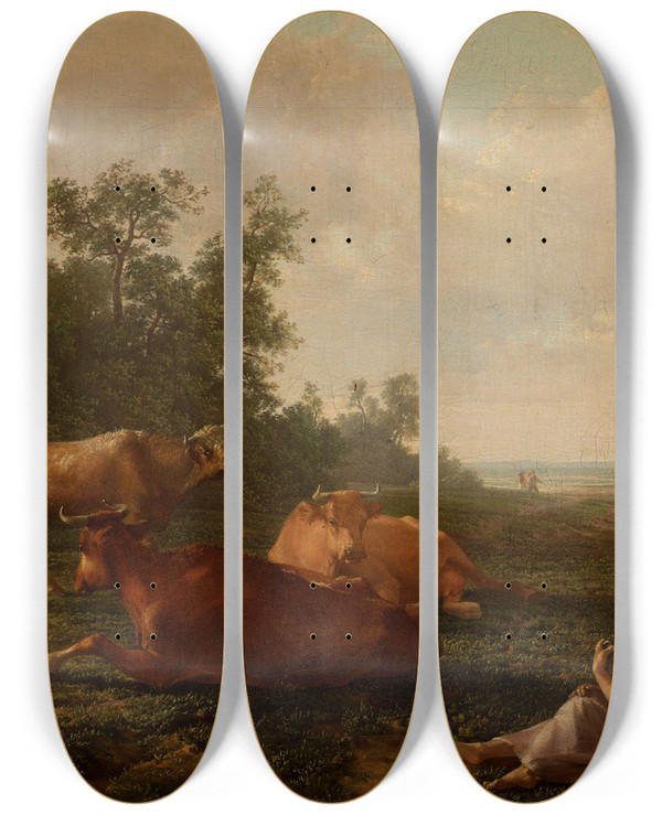 Triptych art skateboard deck of Friedrich Von Nerly Pastoral Scene by Friedrich Von Nerly (1807-1878)