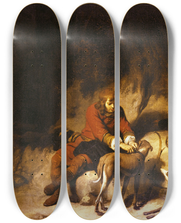 Triptych art skateboard deck of Gerbrand Van Den Eeckhout The Resting Hunter by Gerbrand van den Eeckhout (1621-1674)