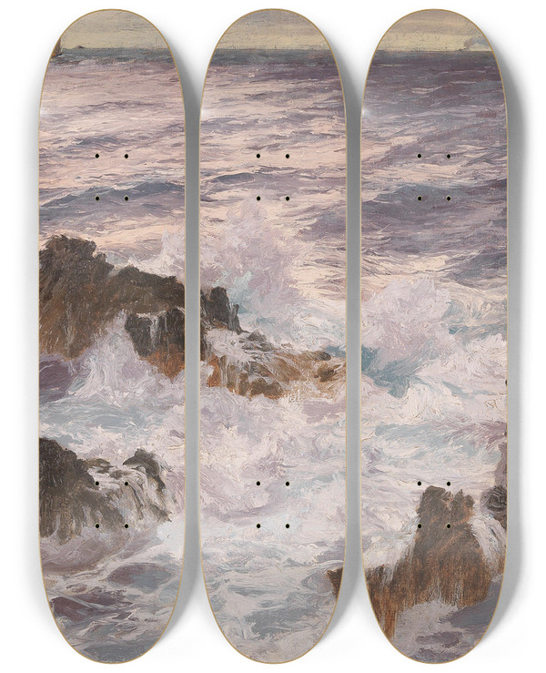 Triptych art skateboard deck of Karl Theodor Boehme Heavy Seas Off The Coast Of Capri by Karl Theodor Boehme (1866-1939)