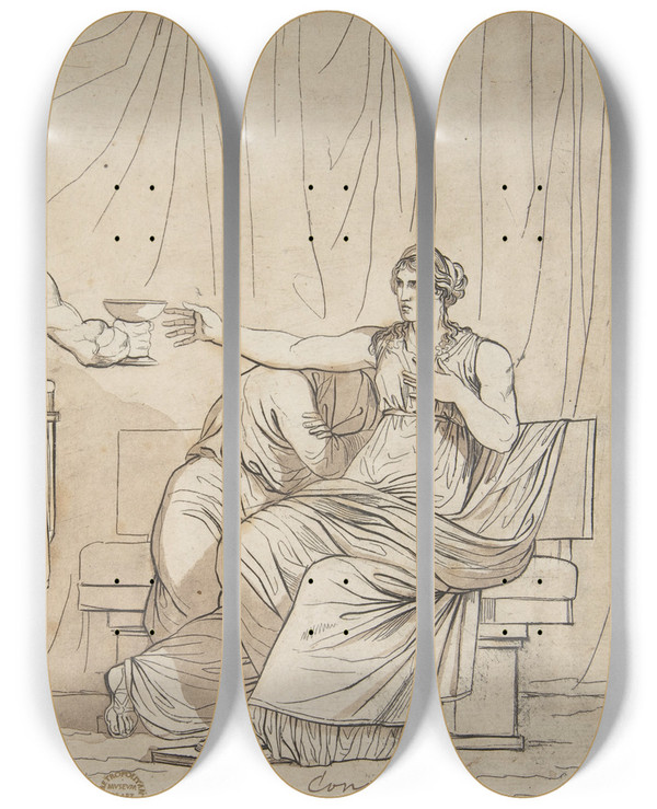 Triptych art skateboard deck of Bartolomeo Pinelli Death Of A Roman Matron by Bartolomeo Pinelli (1781-1835)