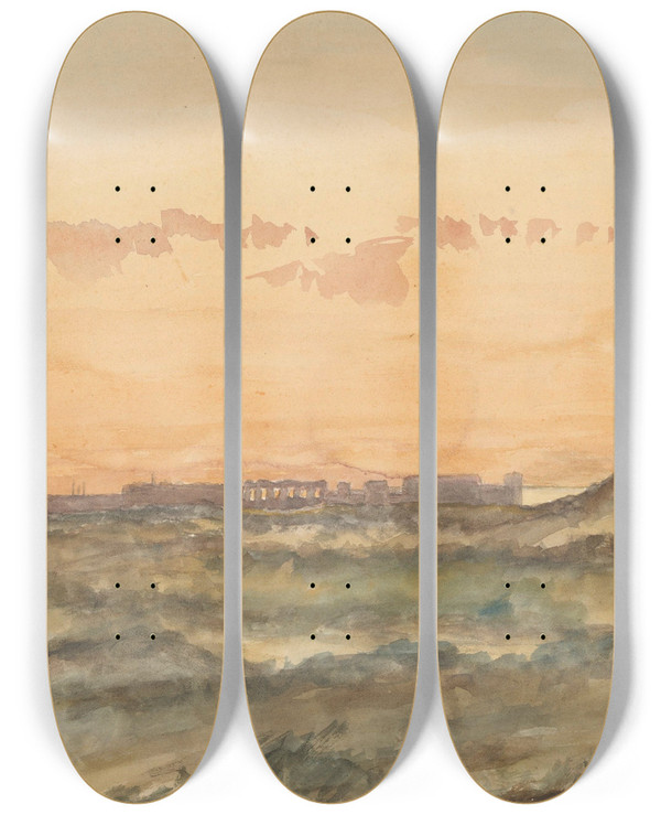 Triptych art skateboard deck of Dirk Arnoldus Tavenraat Landschap Met In De Verte Het Silhouet Van Een Stad by Dirk Arnoldus Tavenraat (1845-1930)