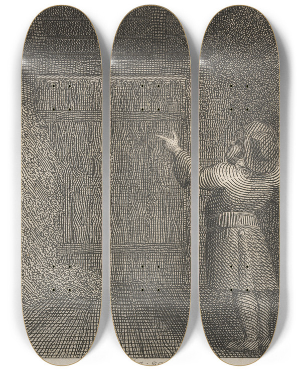 Triptych art skateboard deck of John Wootton Fable Xli The Owl And The Farmer by John Wootton (1686-1765)