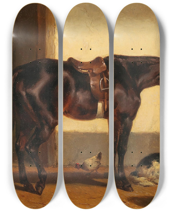 Triptych art skateboard deck of Wouterus Verschuur A Loyal Friend In The Horse Stable by Wouterus Verschuur (1812-1874)