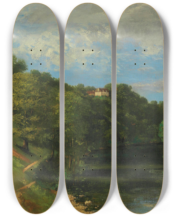 Triptych art skateboard deck of Gustave Courbet Chteau Au Bord De La Rivire by Gustave Courbet (1819-1877)