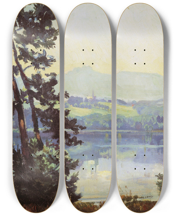 Triptych art skateboard deck of Paul Roloff Blick Ber Den Simssee by Paul Roloff (1877-1951)