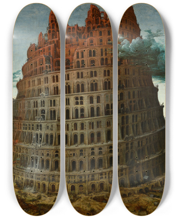 Triptych art skateboard deck of Pieter Bruegel The Elder The Tower Of Babel Rotterdam by Pieter Bruegel The Elder (1525-1569)