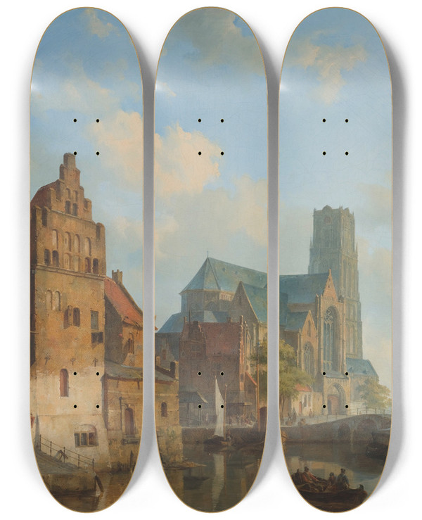 Triptych art skateboard deck of Cornelis Springer A View Of The Delftse Vaart And St Laurens Church Rotterdam by Cornelis Springer (1817-1891)