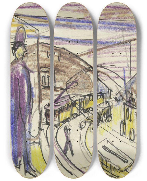 Triptych art skateboard deck of Ernst Ludwig Kirchner Grostadtstrae Mit Trambahnen by Ernst Ludwig Kirchner (1880-1938)