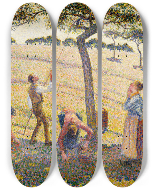 Triptych art skateboard deck of Camille Pissarro Apple Harvest by Camille Pissarro (1830-1903)