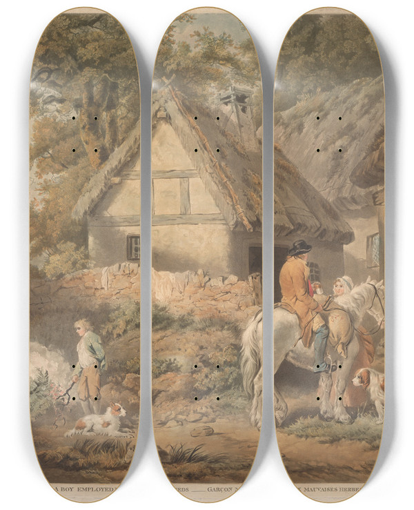 Triptych art skateboard deck of James Ward A Boy Employed In Burning Weeds by James Ward (1769-1859)