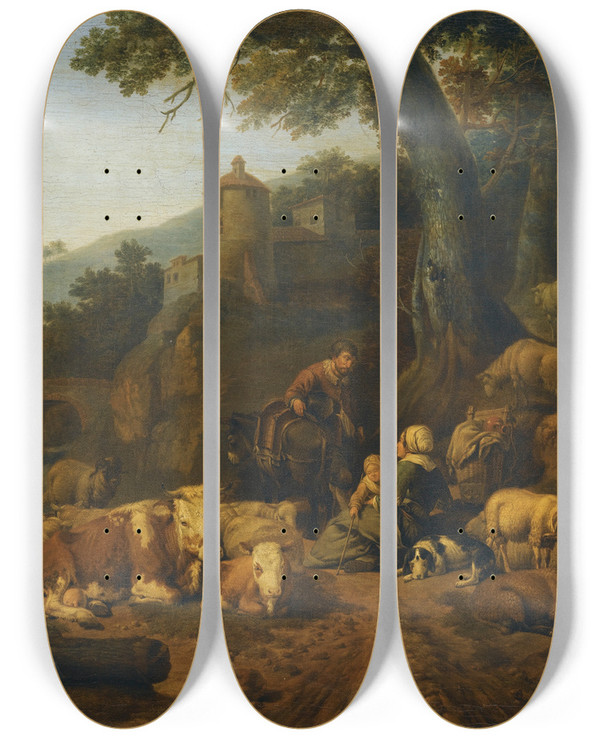 Triptych art skateboard deck of Johann Heinrich Roos A Landscape With Drovers And Their Flock At Rest by Johann Heinrich Roos (1631-1685)