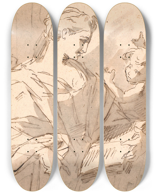 Triptych art skateboard deck of Jens Juel En Helgeninde Med En Bog Og En Putto by Jens Juel (1745-1802)