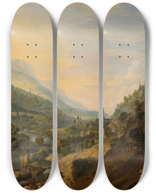 Triptych art skateboard deck of Jan Griffier A Rheinishlandscape by Jan Griffier (1648-1718)