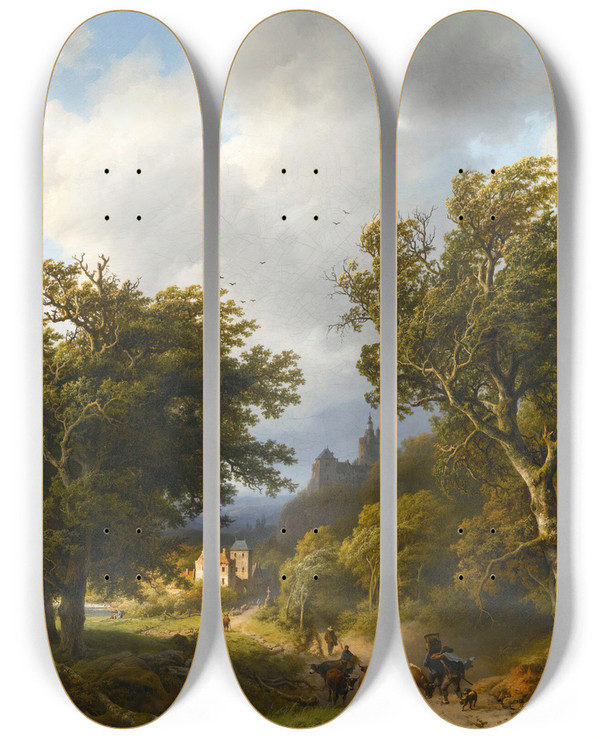 Triptych art skateboard deck of Barend Cornelis Koekkoek The Gust Of Wind by Barend Cornelis Koekkoek (1803-1862)