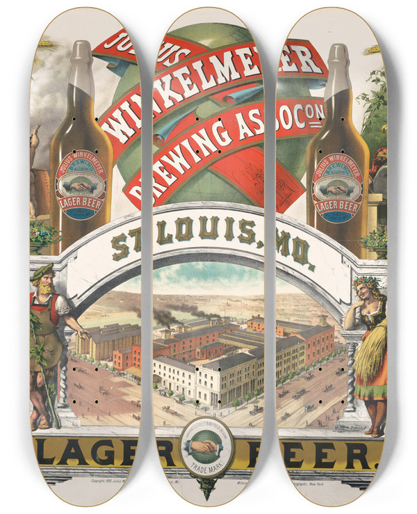 Triptych art skateboard deck of Moritz Ulffers Julius Winkelmeyer Brewing Assocon St Louis Mo Lager Beer by Moritz Ulffers (1819-1902)