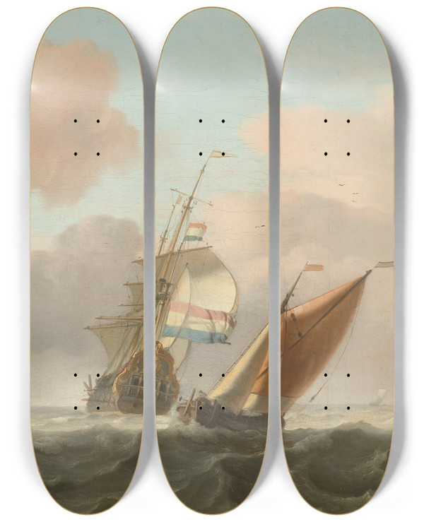 Triptych art skateboard deck of Ludolf Bakhuysen Rough Sea With Ships by Ludolf Backhuysen (1630-1708)